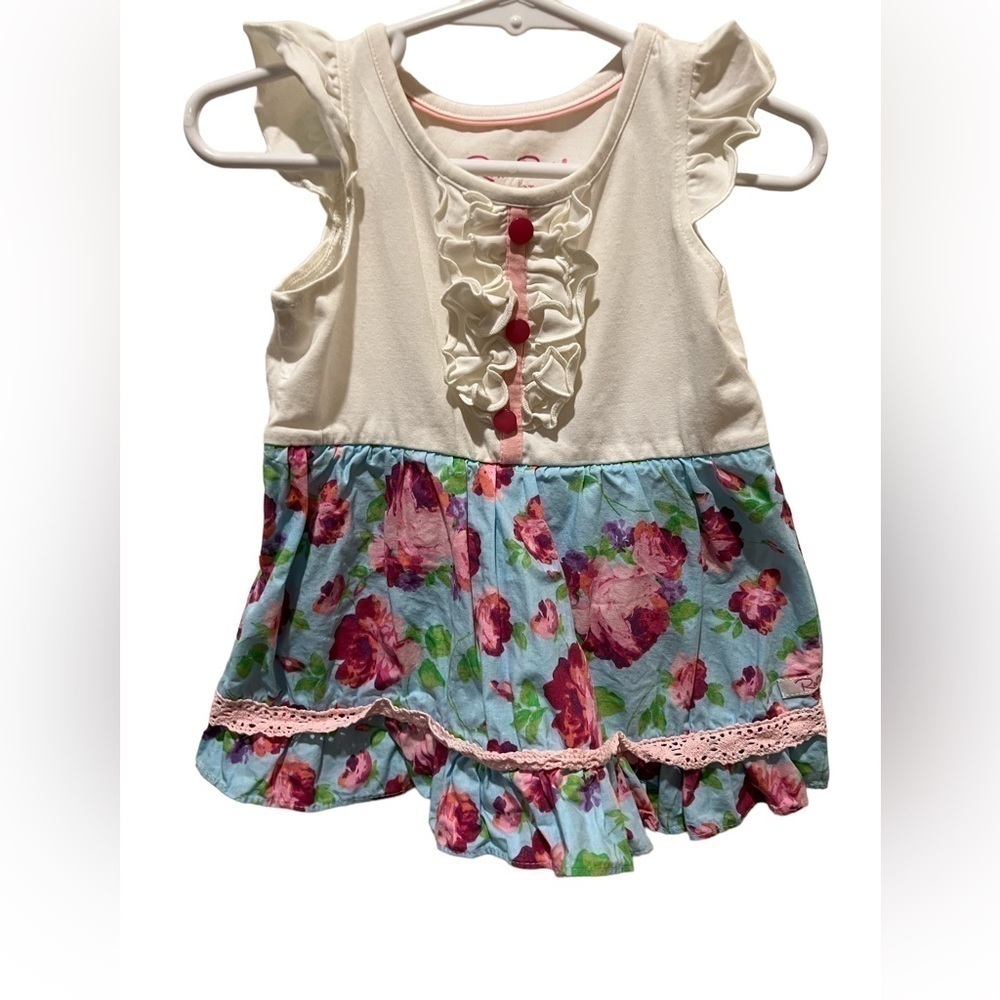 Ruffle Butts dress white w/ruffle accent, floral bottom half 2T